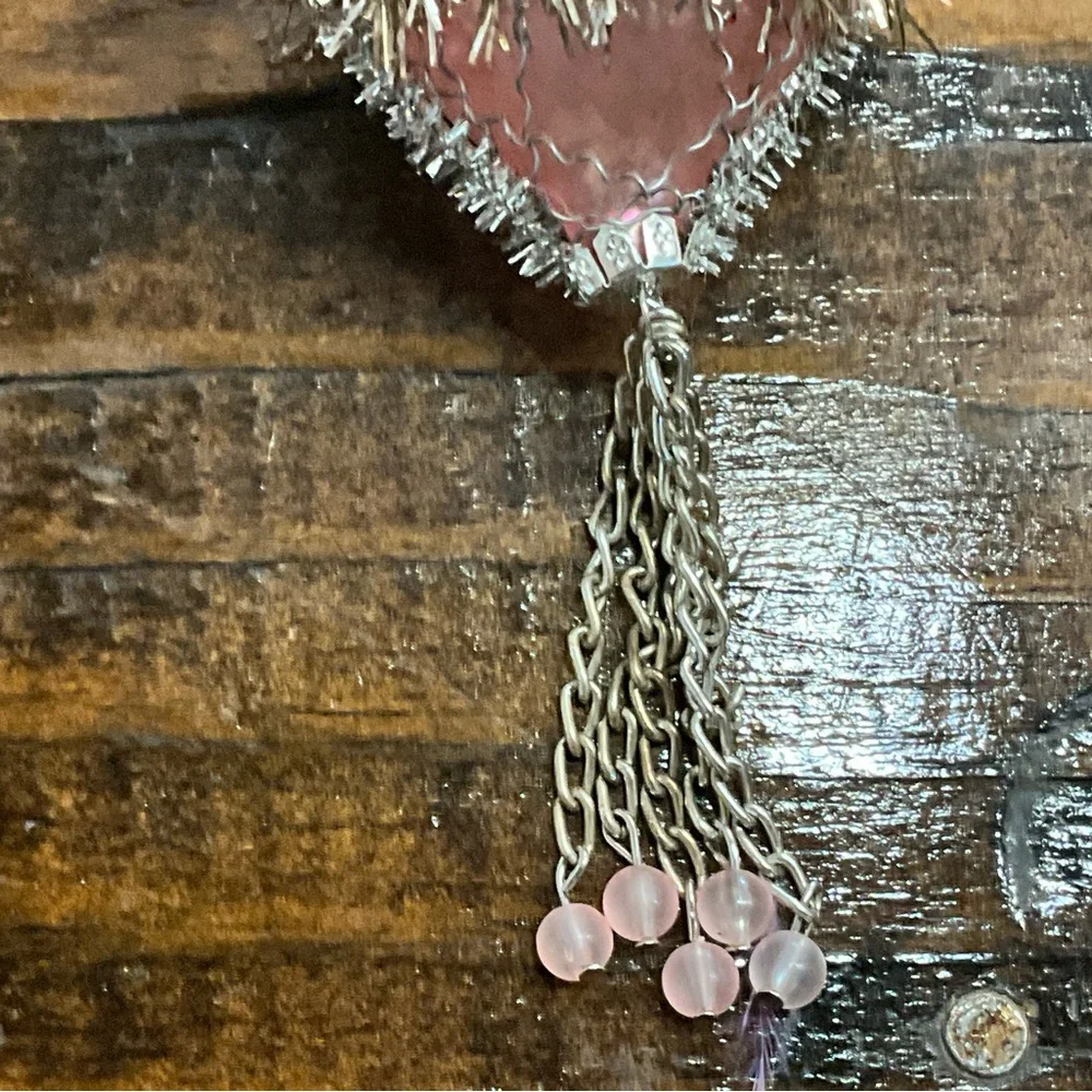 Unique Pink Teardrop Double Indented Glass Ornament with Wire Tinsel Beads